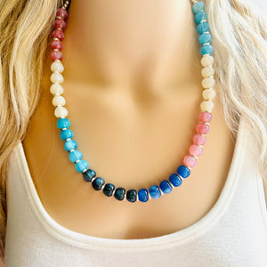 Tropical Sunrise Shimmer Single Strand Beaded Statement Necklace, turquoise beaded blue bridesmaid jewelry layering glitter pink resin white