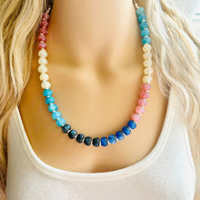 Load image into Gallery viewer, Tropical Sunrise Shimmer Single Strand Beaded Statement Necklace, turquoise beaded blue bridesmaid jewelry layering glitter pink resin white