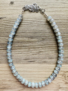 Gray Shimmer Single Strand Beaded Statement Necklace, pink beaded necklace, blue bridesmaid jewelry layering glitter silver resin