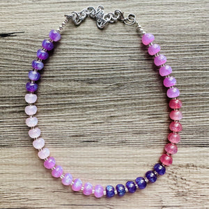 Tropical Love Shimmer Single Strand Beaded Statement Necklace, red beaded purple bridesmaid jewelry layering glitter pink resin white