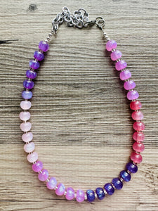 Tropical Love Shimmer Single Strand Beaded Statement Necklace, red beaded purple bridesmaid jewelry layering glitter pink resin white