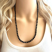 Load image into Gallery viewer, Neutral Black Jewel Statement Necklace, Chunky 1 Strand Jewelry, black layering long bib beaded thin collar bead rhinestone