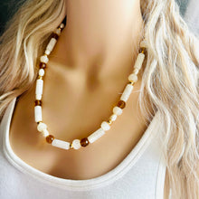 Load image into Gallery viewer, Cream Shimmer Single Strand Beaded Statement Necklace, pearl beaded bridesmaid jewelry layering resin gold off white, eggshell bead thin