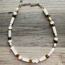 Load image into Gallery viewer, Cream Shimmer Single Strand Beaded Statement Necklace, pearl beaded bridesmaid jewelry layering resin gold off white, eggshell bead thin