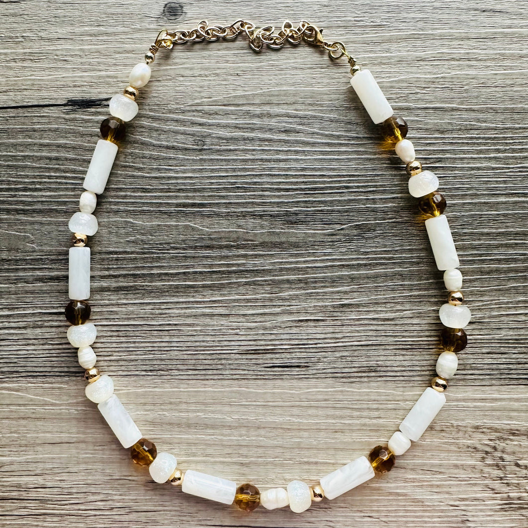 Cream Shimmer Single Strand Beaded Statement Necklace, pearl beaded bridesmaid jewelry layering resin gold off white, eggshell bead thin