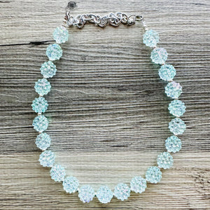 Snow Mirrorball Beaded Chunky Statement Necklace, aqua blue necklace, single silver beaded wedding, bridesmaid jewelry baby blue turquoise