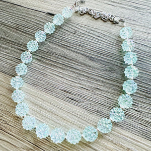 Snow Mirrorball Beaded Chunky Statement Necklace, aqua blue necklace, single silver beaded wedding, bridesmaid jewelry baby blue turquoise