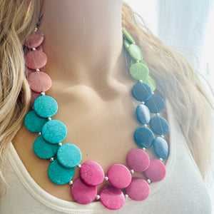 Palisade Summer Sunset Big Bead Necklace, double Strand Statement Jewelry, coral lime green blue Chunky bib bridesmaid everyday jewelry