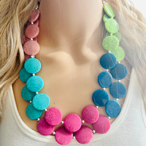 Palisade Summer Sunset Big Bead Necklace, double Strand Statement Jewelry, coral lime green blue Chunky bib bridesmaid everyday jewelry