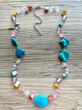 Load image into Gallery viewer, Long Rainbow Raindrop Necklace, single strand silver glass jewelry, beaded chunky statement layering turquoise colorful 25 inch shell blue