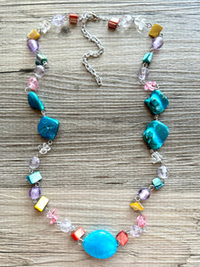 Long Rainbow Raindrop Necklace, single strand silver glass jewelry, beaded chunky statement layering turquoise colorful 25 inch shell blue