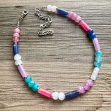 Load image into Gallery viewer, Tropical Sunrise Shimmer Single Strand Beaded Statement Necklace, turquoise beaded blue bridesmaid jewelry layering glitter pink resin white