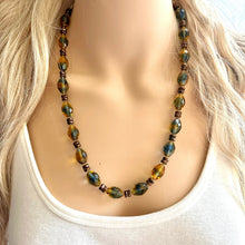 Load image into Gallery viewer, Green Olive Sparkle Jewel Statement Necklace, Chunky 1 Strand Jewelry, fall necklace layering bib beaded thin collar rhinestone glass brown