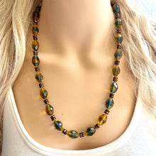 Load image into Gallery viewer, Green Olive Sparkle Jewel Statement Necklace, Chunky 1 Strand Jewelry, fall necklace layering bib beaded thin collar rhinestone glass brown