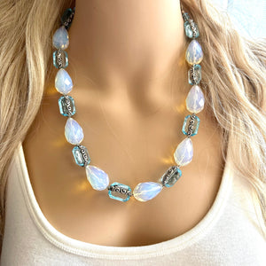 Light Blue Sparkle Jewel Statement Necklace, Chunky 1 Strand Jewelry, layering bib beaded thin collar rhinestone glass silver