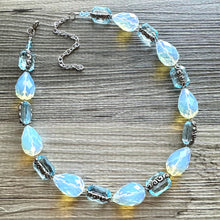 Load image into Gallery viewer, Light Blue Sparkle Jewel Statement Necklace, Chunky 1 Strand Jewelry, layering bib beaded thin collar rhinestone glass silver