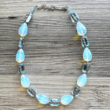 Load image into Gallery viewer, Light Blue Sparkle Jewel Statement Necklace, Chunky 1 Strand Jewelry, layering bib beaded thin collar rhinestone glass silver