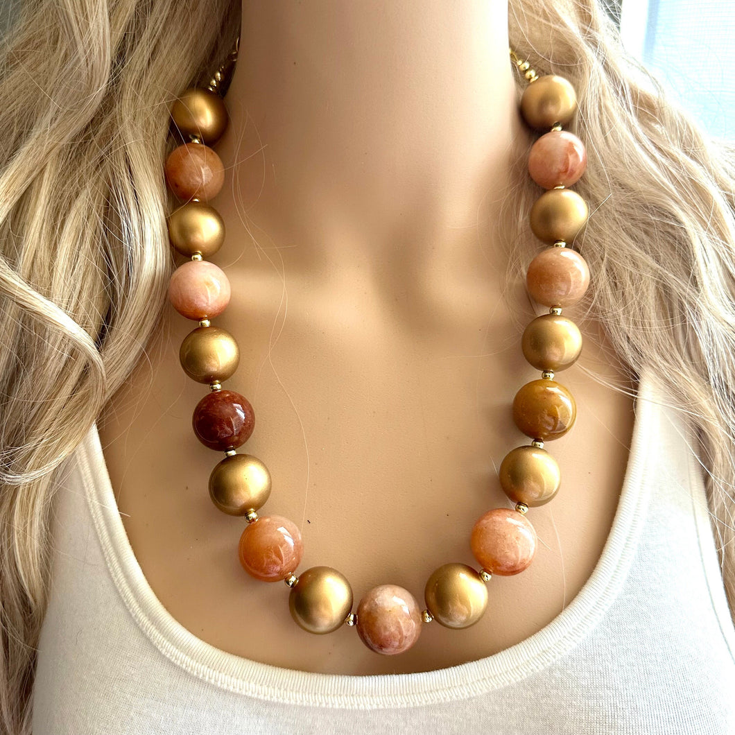 Natural carnelian Beaded 1 strand Statement Necklace, Chunky Bib Single Jewelry Light orange stone jewelry, gemstone layering red cream gold