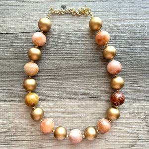 Natural carnelian Beaded 1 strand Statement Necklace, Chunky Bib Single Jewelry Light orange stone jewelry, gemstone layering red cream gold