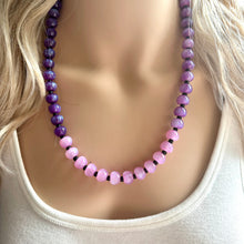 Load image into Gallery viewer, Purple Shimmer Single Strand Beaded Statement Necklace, purple beaded necklace, purple bridesmaid jewelry layering glitter silver resin