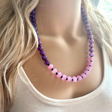 Load image into Gallery viewer, Purple Shimmer Single Strand Beaded Statement Necklace, purple beaded necklace, purple bridesmaid jewelry layering glitter silver resin