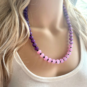 Purple Shimmer Single Strand Beaded Statement Necklace, purple beaded necklace, purple bridesmaid jewelry layering glitter silver resin