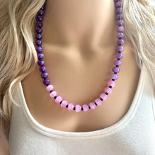 Load image into Gallery viewer, Purple Shimmer Single Strand Beaded Statement Necklace, purple beaded necklace, purple bridesmaid jewelry layering glitter silver resin