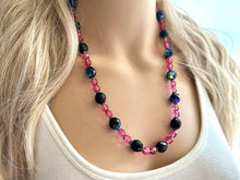 Load image into Gallery viewer, Black &amp; Pink Jewel Statement Necklace, Chunky 1 Strand Jewelry, black necklace, blush long bib beaded necklace thick collar bead metal