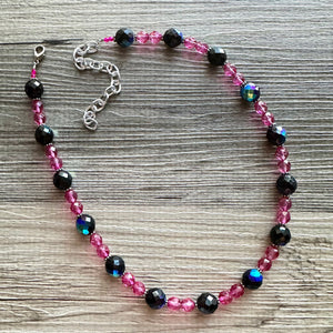 Black & Pink Jewel Statement Necklace, Chunky 1 Strand Jewelry, black necklace, blush long bib beaded necklace thick collar bead metal