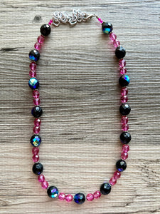 Black & Pink Jewel Statement Necklace, Chunky 1 Strand Jewelry, black necklace, blush long bib beaded necklace thick collar bead metal