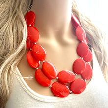 Load image into Gallery viewer, Electric Orange Swirl Double Strand Big Beaded Statement Necklace, orange Jewelry beaded necklace, red bridesmaid necklace jewelry silver