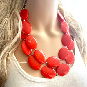 Electric Orange Swirl Double Strand Big Beaded Statement Necklace, orange Jewelry beaded necklace, red bridesmaid necklace jewelry silver