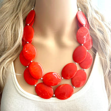 Load image into Gallery viewer, Electric Orange Swirl Double Strand Big Beaded Statement Necklace, orange Jewelry beaded necklace, red bridesmaid necklace jewelry silver