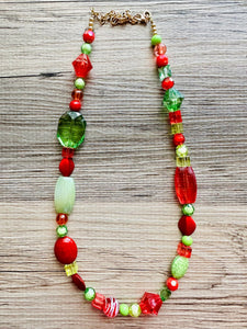 Merry & Bright Long Christmas Necklace, Red Green Gold Holiday Jewelry, Christmas Jewelry, Winter Beaded Gift Christmas Present December