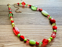 Load image into Gallery viewer, Merry &amp; Bright Long Christmas Necklace, Red Green Gold Holiday Jewelry, Christmas Jewelry, Winter Beaded Gift Christmas Present December