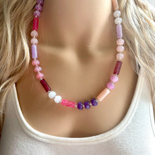 Load image into Gallery viewer, Tropical Honeymoon Shimmer Single Strand Beaded Statement Necklace, beaded bridesmaid jewelry layering glitter pink resin white blush purple