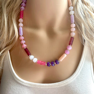 Tropical Honeymoon Shimmer Single Strand Beaded Statement Necklace, beaded bridesmaid jewelry layering glitter pink resin white blush purple