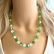 Load image into Gallery viewer, Green &amp; White Sparkle Jewel Statement Necklace, Chunky 1 Strand Jewelry, fall layering bib beaded thin collar rhinestone glass clear