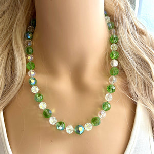 Green & White Sparkle Jewel Statement Necklace, Chunky 1 Strand Jewelry, fall layering bib beaded thin collar rhinestone glass clear