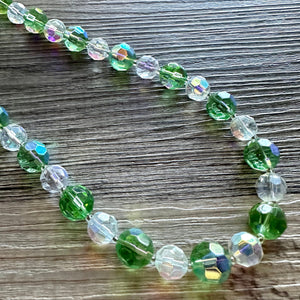 Green & White Sparkle Jewel Statement Necklace, Chunky 1 Strand Jewelry, fall layering bib beaded thin collar rhinestone glass clear