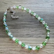 Load image into Gallery viewer, Green &amp; White Sparkle Jewel Statement Necklace, Chunky 1 Strand Jewelry, fall layering bib beaded thin collar rhinestone glass clear