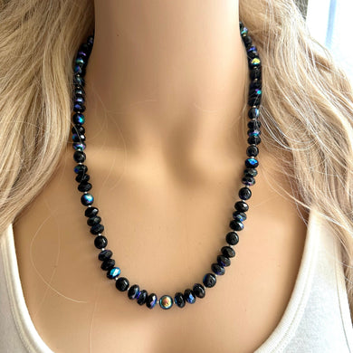 Neutral Black Jewel Statement Necklace, Chunky 1 Strand Jewelry, black layering long bib beaded thin collar bead rhinestone