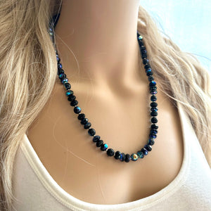 Neutral Black Jewel Statement Necklace, Chunky 1 Strand Jewelry, black layering long bib beaded thin collar bead rhinestone