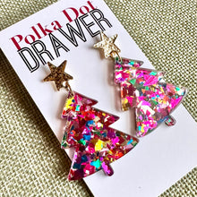 Load image into Gallery viewer, Christmas Drop Earrings, Pink Christmas Tree, Small Holiday Earrings, Holiday Gifts for Her or Christmas Party, dangle confetti earrings