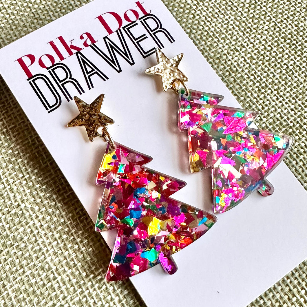 Christmas Drop Earrings, Pink Christmas Tree, Small Holiday Earrings, Holiday Gifts for Her or Christmas Party, dangle confetti earrings