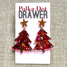 Load image into Gallery viewer, Christmas Drop Earrings, Pink Christmas Tree, Small Holiday Earrings, Holiday Gifts for Her or Christmas Party, dangle confetti earrings