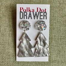 Load image into Gallery viewer, Christmas Drop Earrings, Gray Christmas Tree, Small Holiday Earrings, Holiday Gifts for Her or Christmas Party dangle mosaic earrings silver