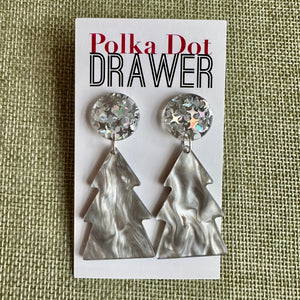 Christmas Drop Earrings, Gray Christmas Tree, Small Holiday Earrings, Holiday Gifts for Her or Christmas Party dangle mosaic earrings silver