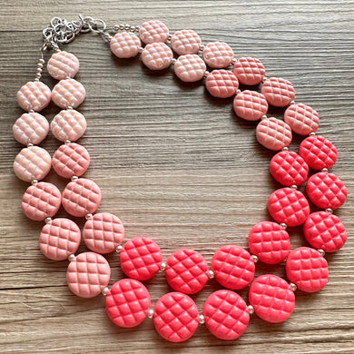 White Blush Magenta Pink Ombre Necklace, Double strand jewelry, big beaded chunky statement, white earrings bead set