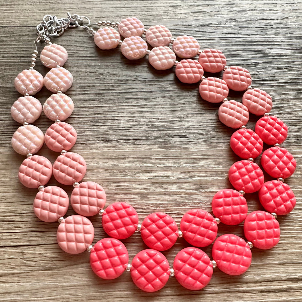 White Blush Magenta Pink Ombre Necklace, Double strand jewelry, big beaded chunky statement, white earrings bead set